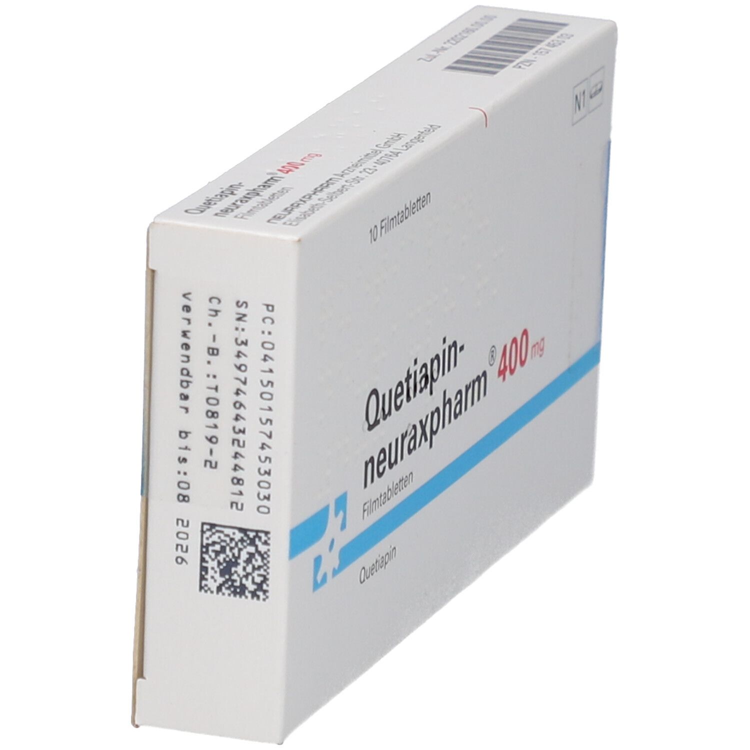 Schachtel "Quetiapin-neuraxpharm 400 mg Filmtabletten". Seitenansicht mit Chargennummer und Verfallsdatum. Weiße Schachtel.