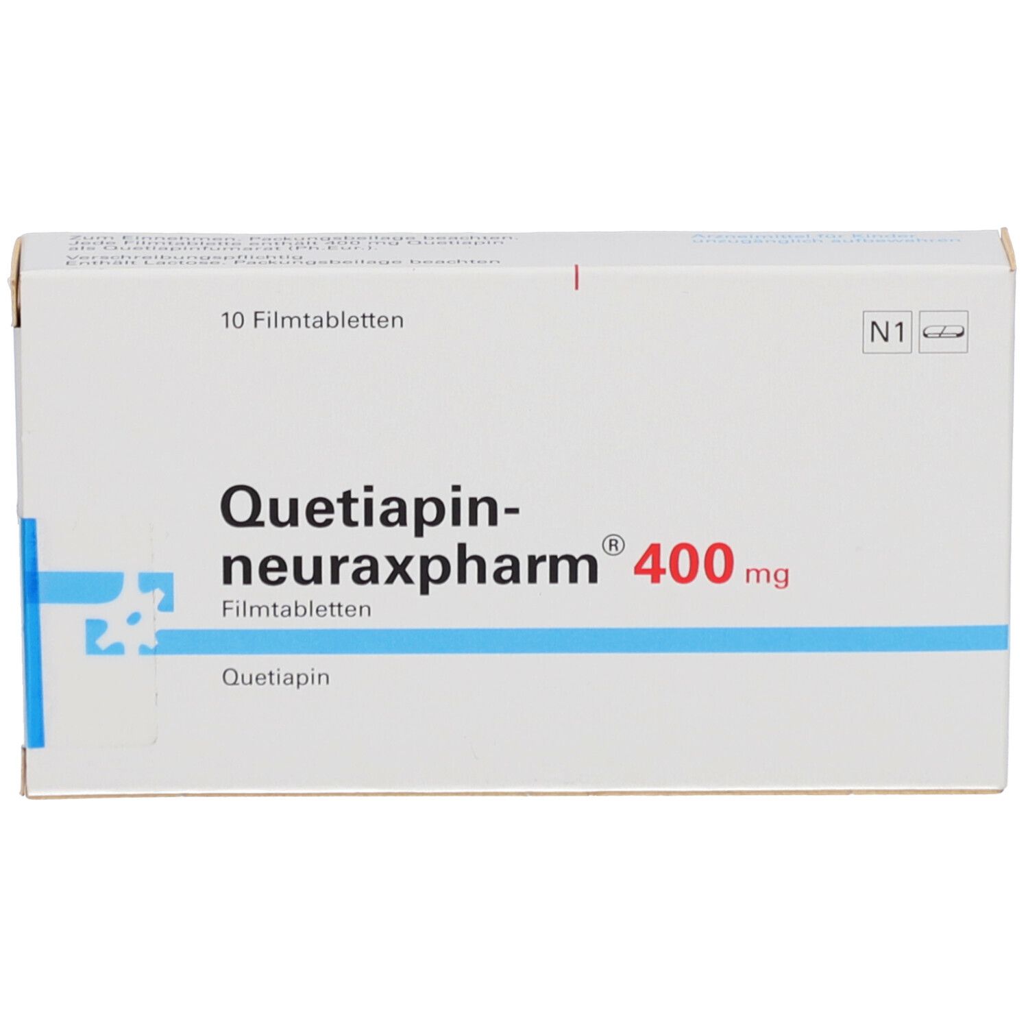 Schachtel "Quetiapin-neuraxpharm 400 mg Filmtabletten". 10 Tabletten. Blaue und rote Schrift auf weißem Hintergrund.