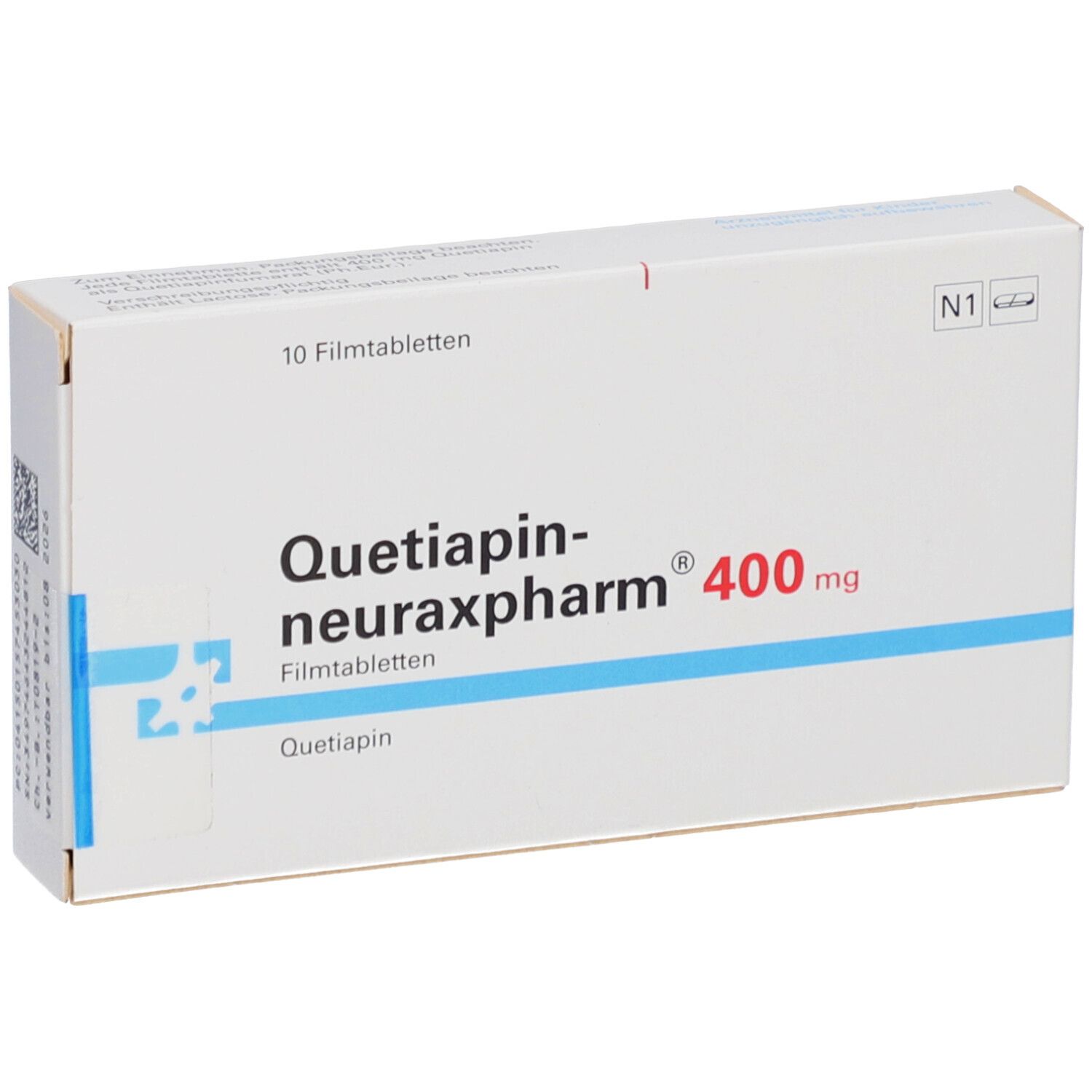 Schachtel "Quetiapin-neuraxpharm 400 mg Filmtabletten". Seitenansicht mit Chargennummer und Verfallsdatum. Weiße Schachtel.