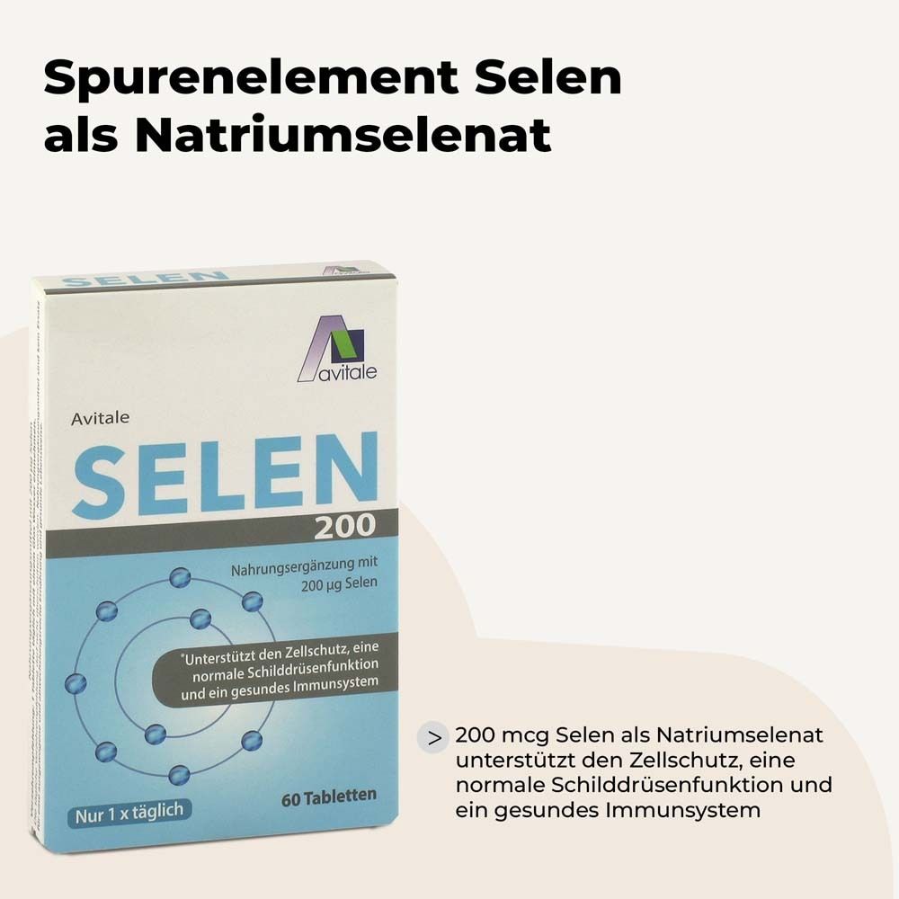 Avitale Selen 200 µg Packung. Text: Spurenelement Selen als Natriumselenat. Enthält 200 mcg Selen. 60 Tabletten.