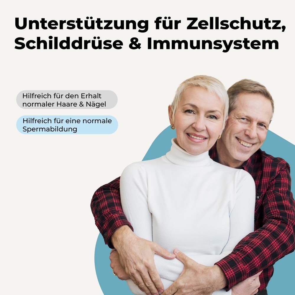 Älteres Paar lächelt. Text: Unterstützung für Zellschutz, Schilddrüse & Immunsystem. Hilfreich für Haare & Nägel, Spermien.