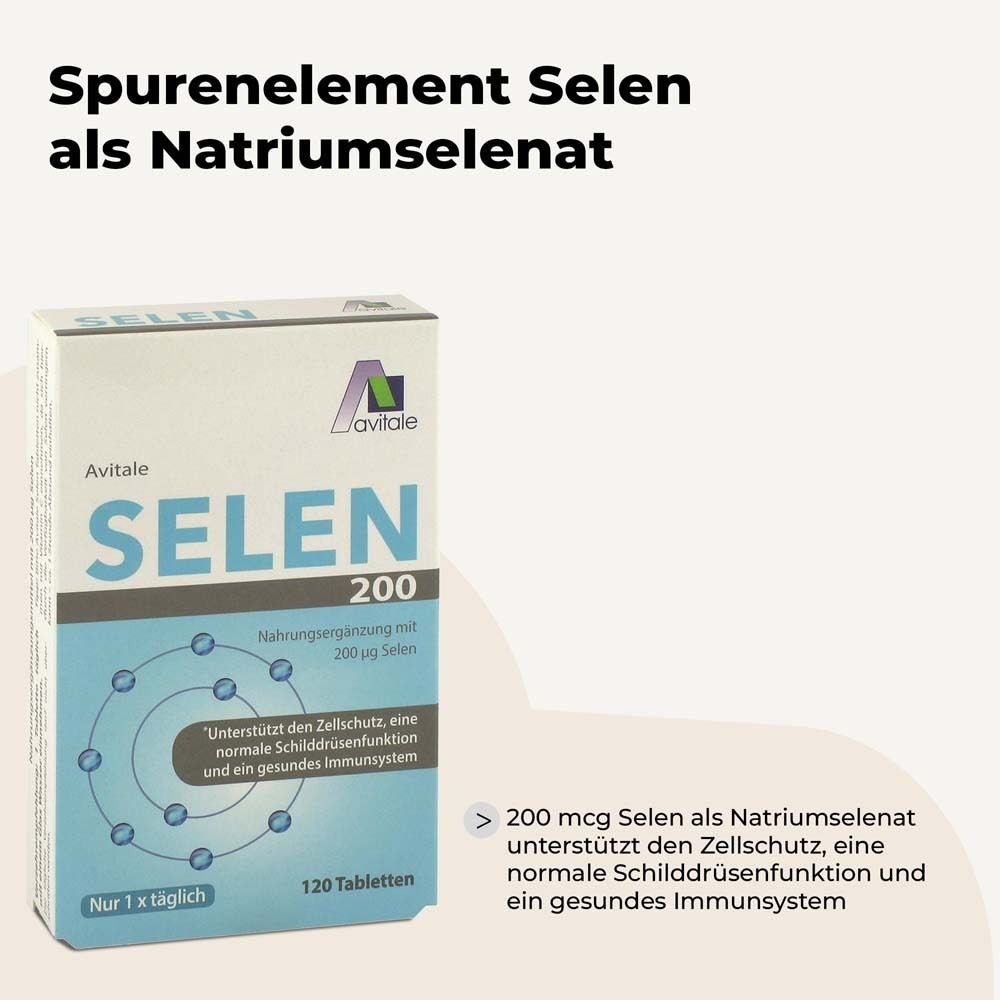 Produktverpackung Avitale Selen 200 µg. Text: Spurenelement Selen als Natriumselenat. 120 Tabletten. Nahrungsergänzung.