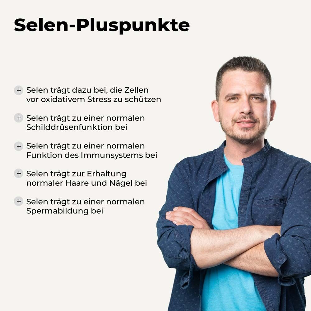 Mann mit Text: Selen-Pluspunkte. Schützt Zellen, unterstützt Schilddrüse, Immunsystem, Haare & Nägel, Spermien.