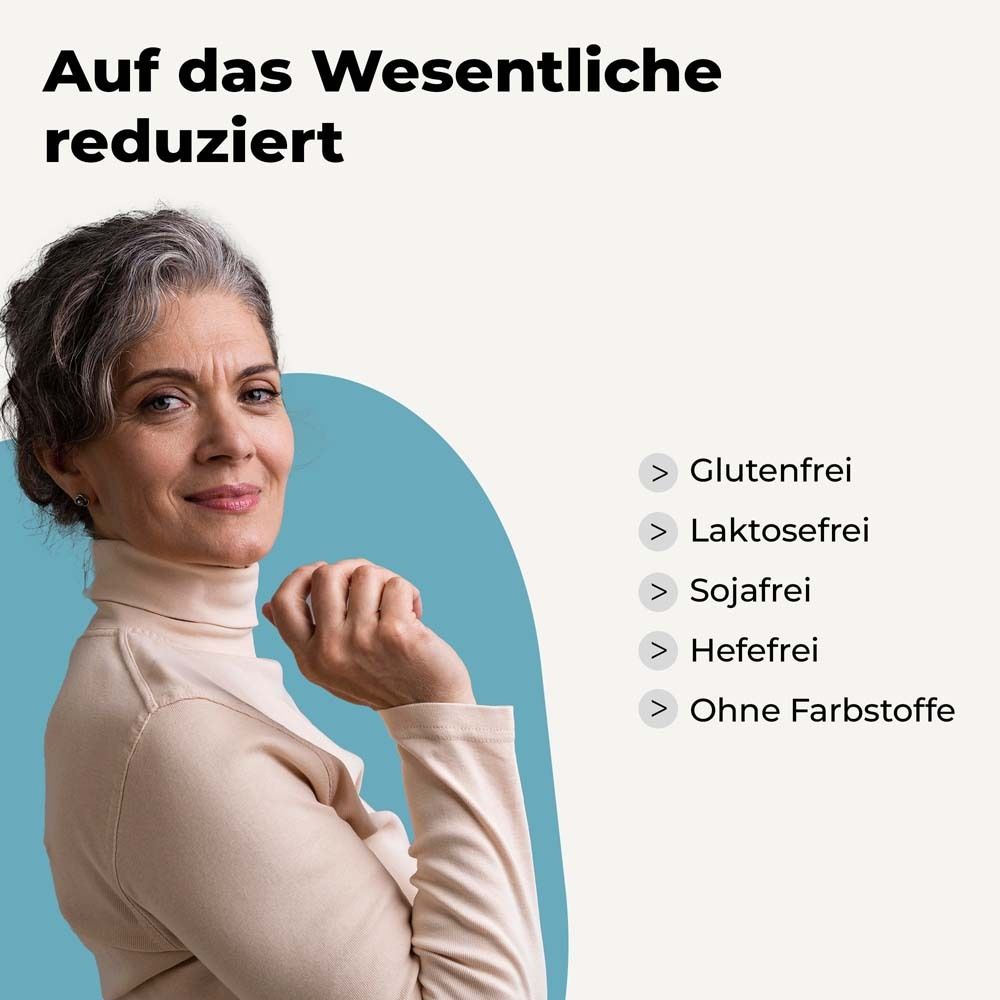 Frau mit Text: Auf das Wesentliche reduziert. Glutenfrei, laktosefrei, sojafrei, hefefrei, ohne Farbstoffe.