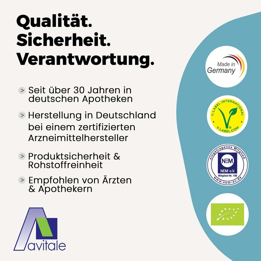 Qualitätssiegel. Text: Qualität. Sicherheit. Verantwortung. Hergestellt in Deutschland. Empfohlen von Ärzten & Apothekern.