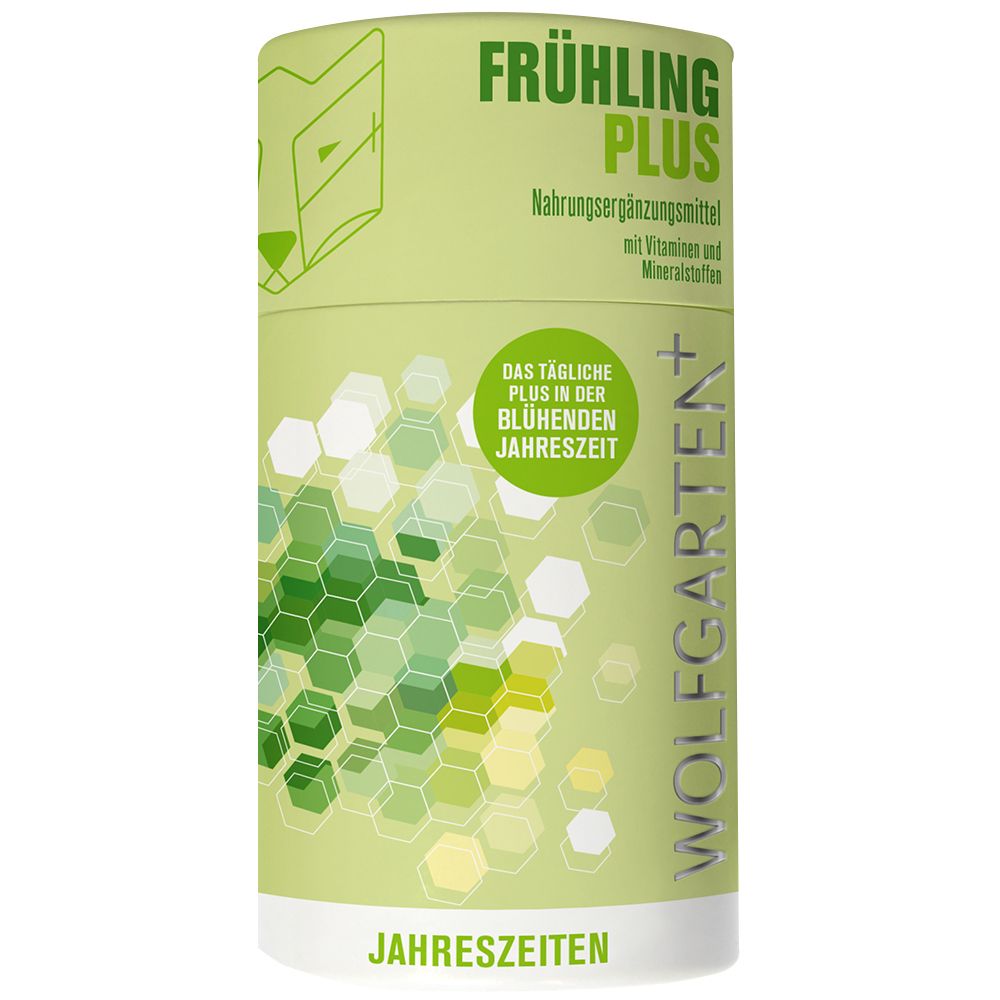 Zylindrische Dose mit grünem Hintergrund. Aufschrift: FRÜHLING PLUS, Nahrungsergänzungsmittel. Text: WOLFGARTEN+. Aufdruck mit geometrischen Formen.