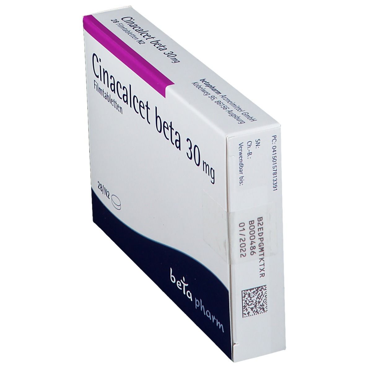 Schachtel mit Cinacalcet beta 30 mg Filmtabletten. Weiß mit lila Akzenten. Schriftzug und Logo von beta pharm.