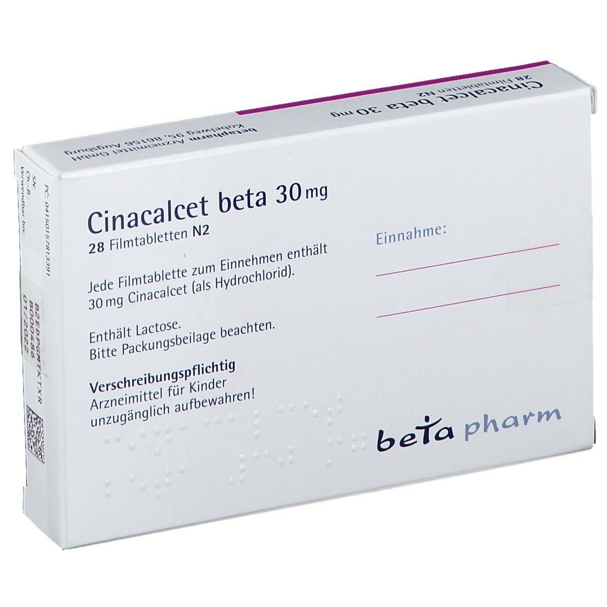 Schachtel Cinacalcet beta 30 mg Filmtabletten. Weiß mit lila Schrift. Textinformationen und Logo von beta pharm.