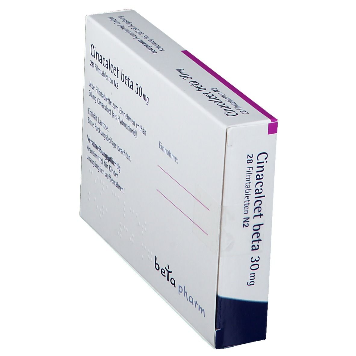 Schachtel mit Cinacalcet beta 30 mg Filmtabletten. Weiß mit lila Akzenten. Text und Logo von beta pharm.