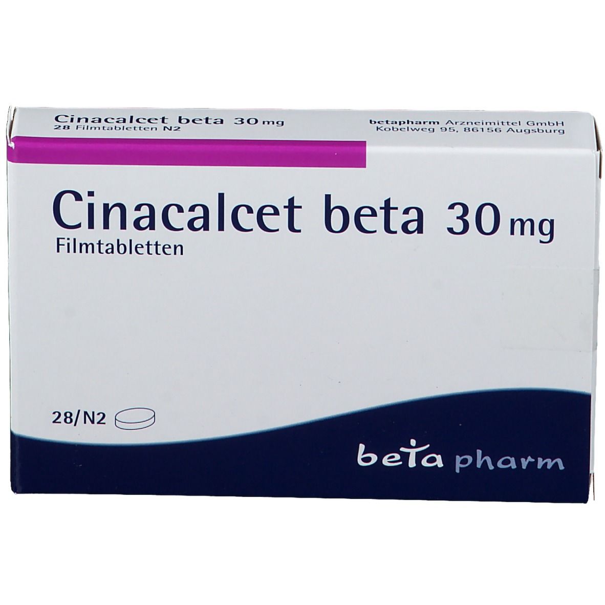 Schachtel Cinacalcet beta 30 mg Filmtabletten. Weiß mit lila Schrift. Logo beta pharm. 28 Tabletten.