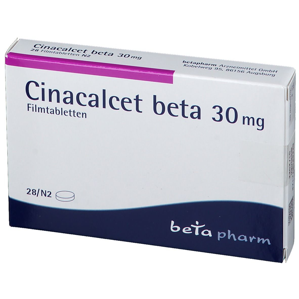 Schachtel Cinacalcet beta 30 mg Filmtabletten. Weiß mit lila Schrift. Logo beta pharm. 28 Tabletten.