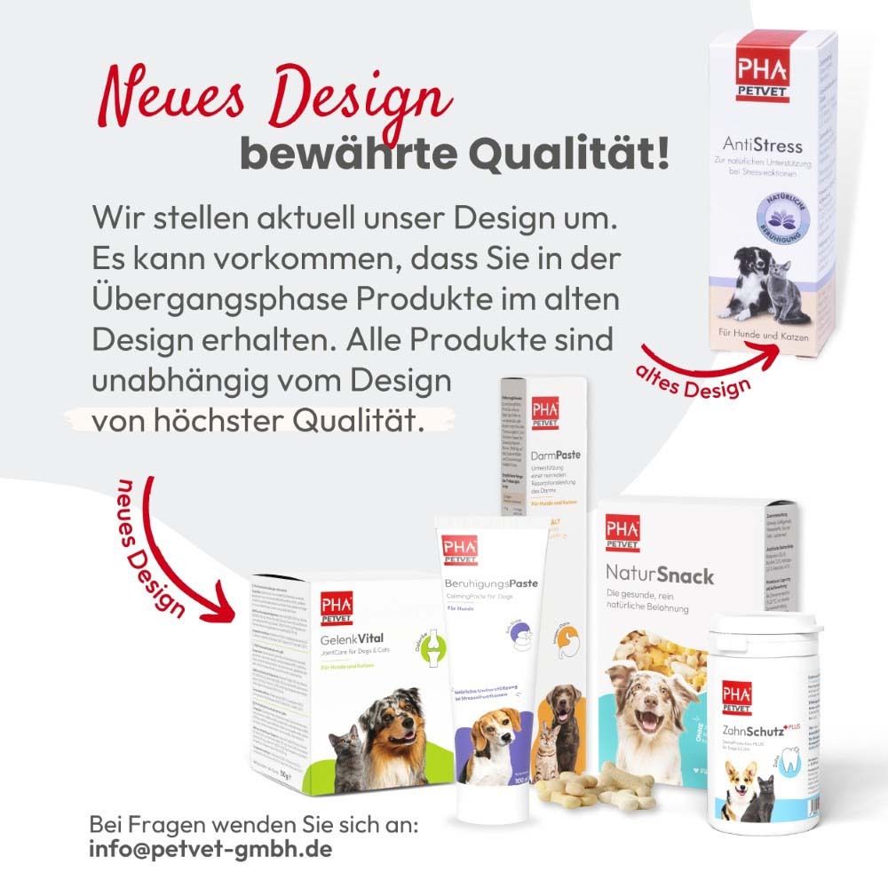 Verschiedene Produktverpackungen. Text: Neues Design, bewährte Qualität. Logo: PHA PETVET.