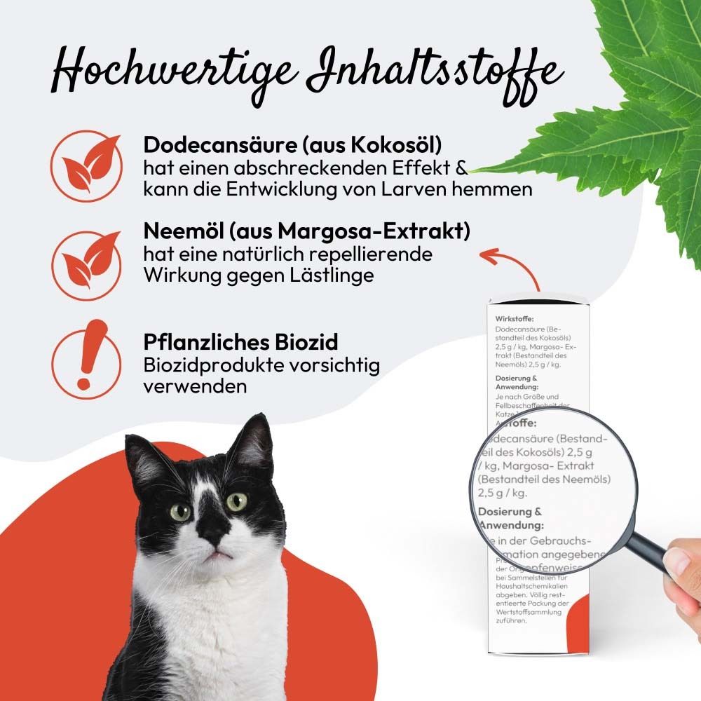 Grafik mit Produktinformationen und Katze. Text: Hochwertige Inhaltsstoffe. Logo: PHA PETVET. Text: SpotOn-Tropfen Für Katzen. Lupe.