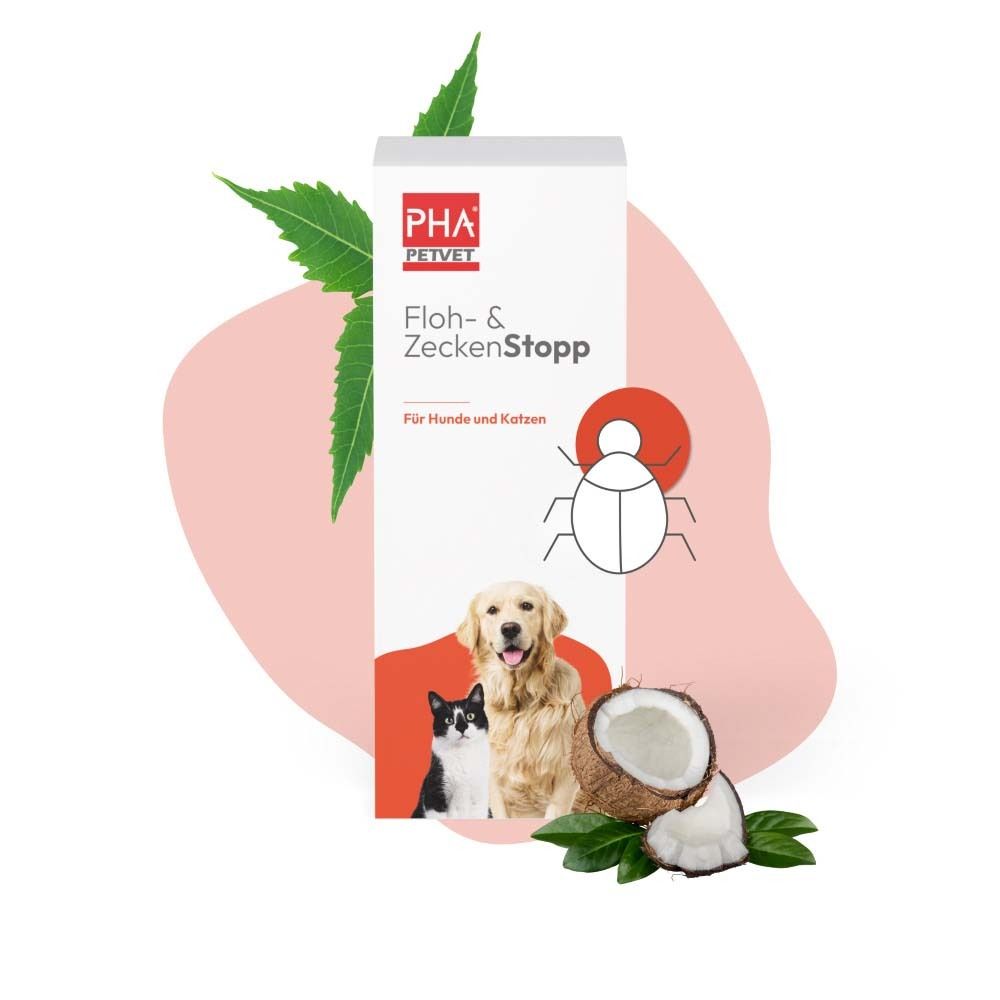 Produktverpackung mit Logo und Produktnamen. Abbildung von Hund, Katze und Kokosnuss. Für Hunde und Katzen.