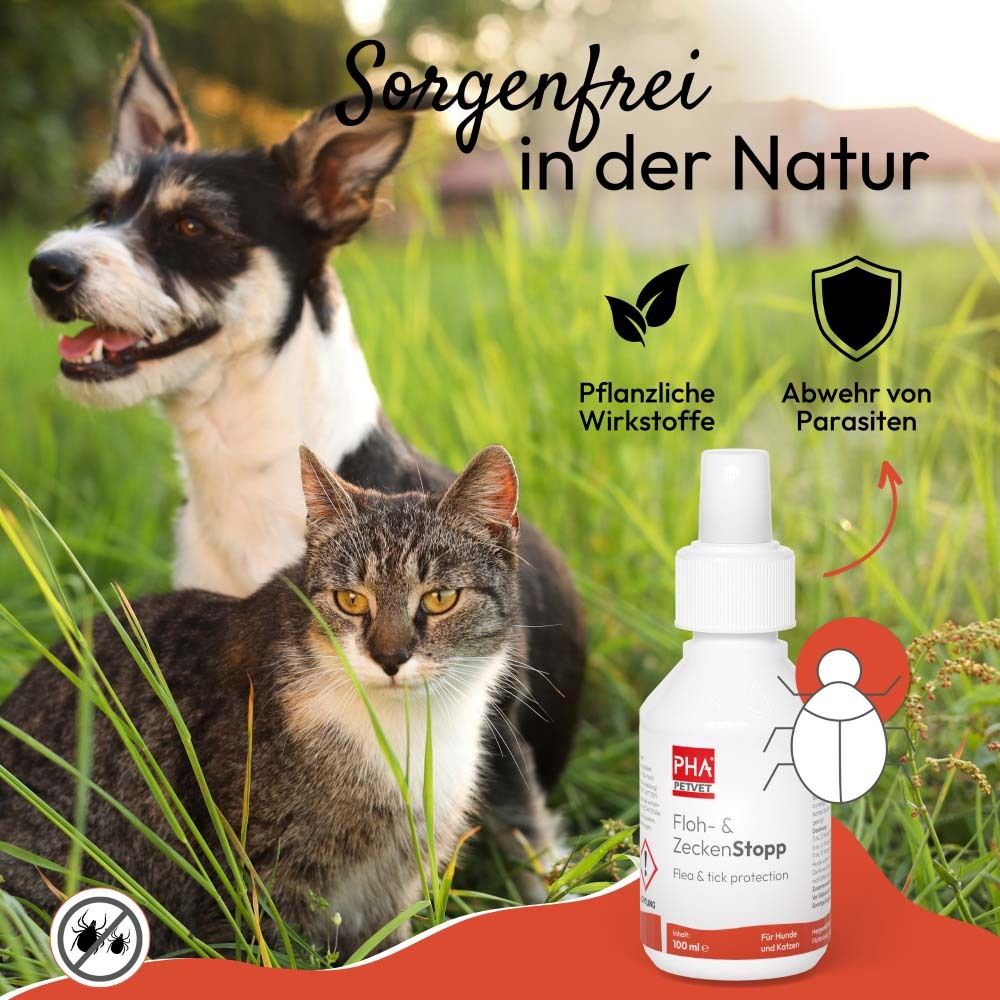 Szene mit Hund und Katze im Freien. Produktflasche mit Logo und Produktnamen. Text: Floh- & Zeckenstopp.