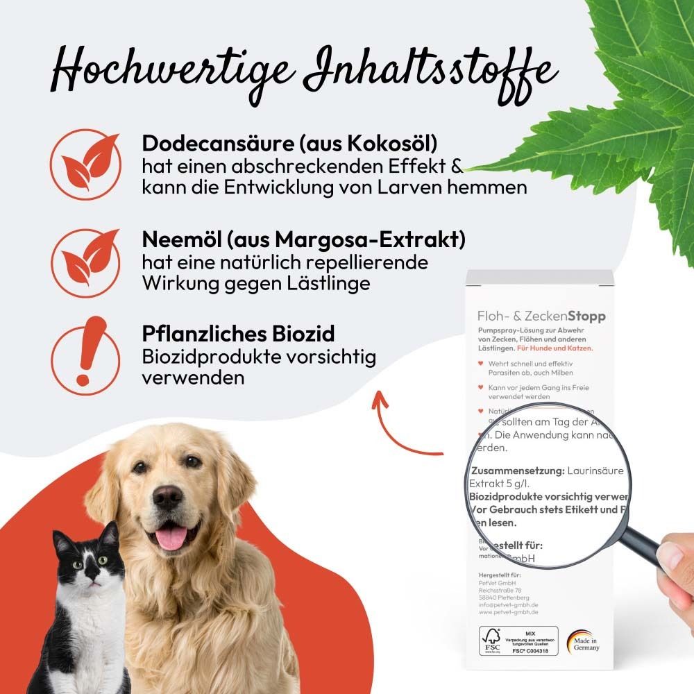 Infografik mit Inhaltsstoffen. Enthält Produktnamen, Logo und Abbildung von Hund und Katze. Für Hunde und Katzen.