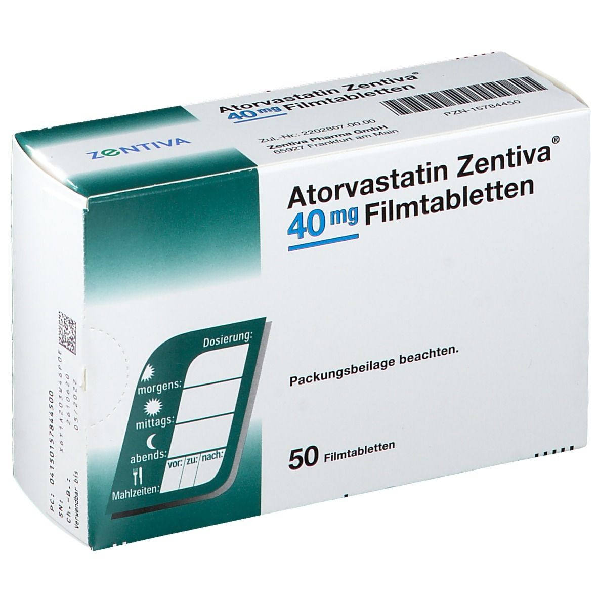 Schachtel mit Atorvastatin Zentiva 40 mg Filmtabletten. Aufschrift: 50 Filmtabletten. Dosierungshinweise und Markenlogo Zentiva.