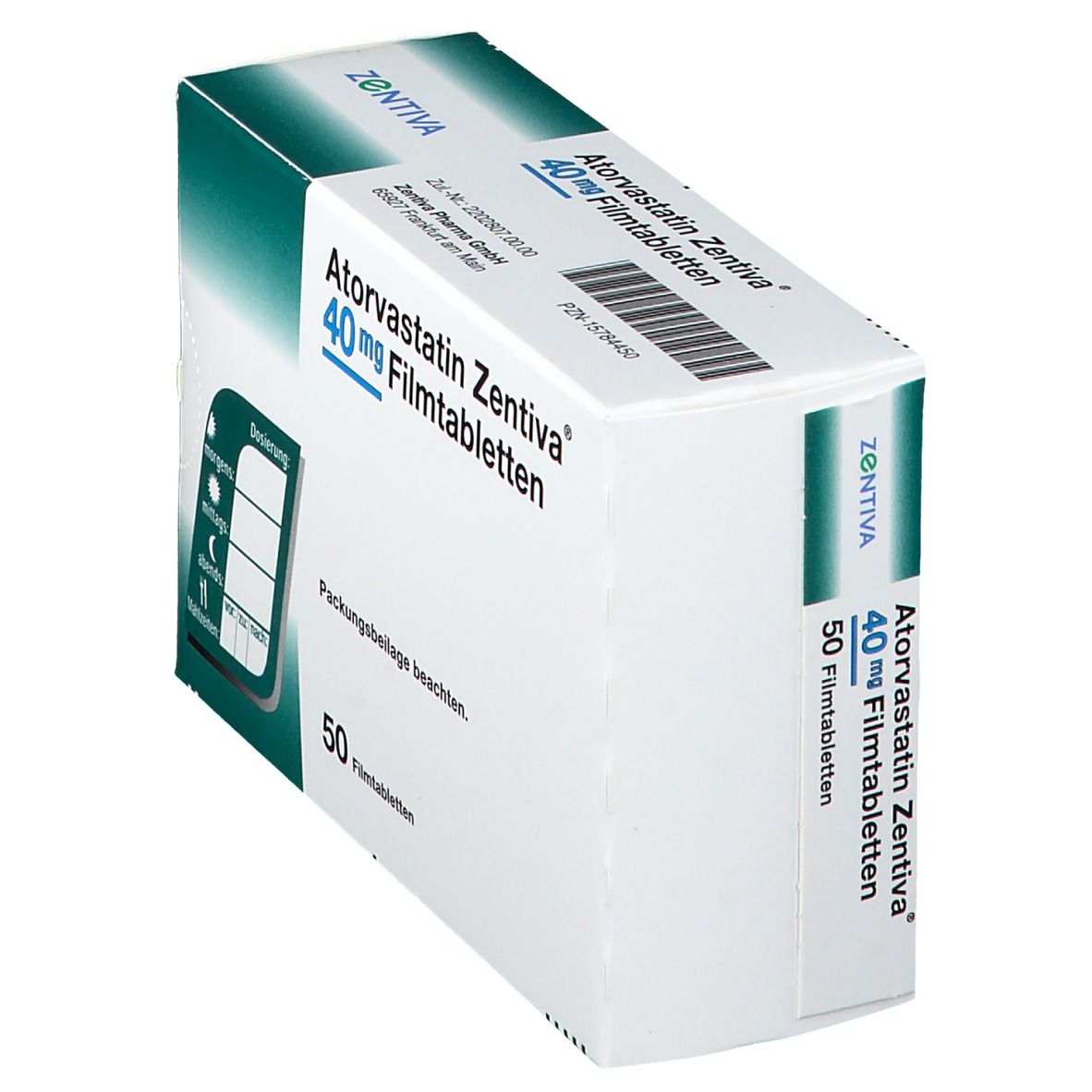 Schachtel mit Atorvastatin Zentiva 40 mg Filmtabletten, schräg gestellt. Aufschrift: 50 Filmtabletten. Markenlogo Zentiva.