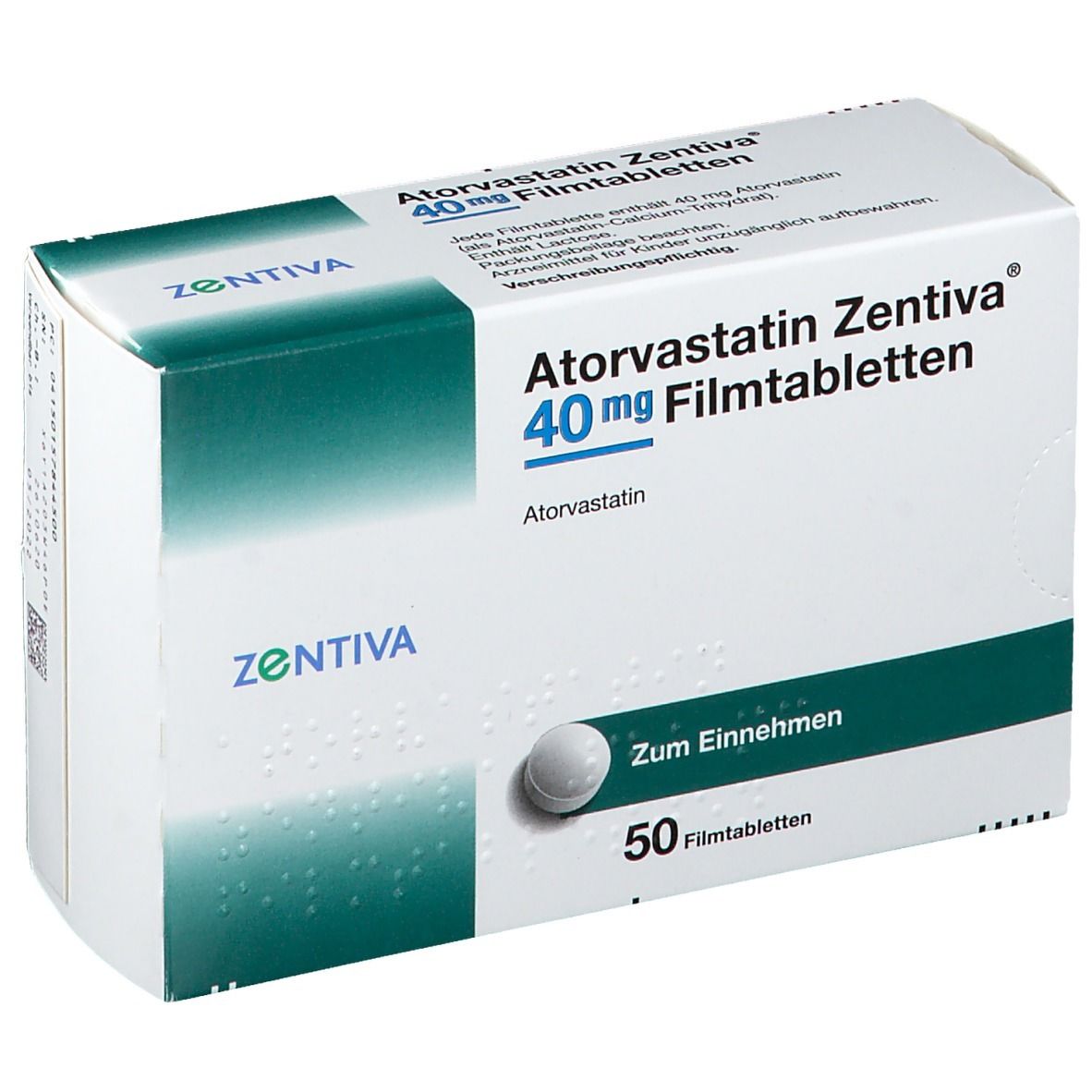 Schachtel mit Atorvastatin Zentiva 40 mg Filmtabletten und einer Tablette. Aufschrift: 50 Filmtabletten. Markenlogo Zentiva.