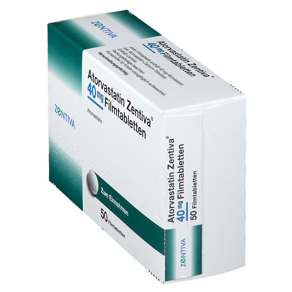 Schachtel mit Atorvastatin Zentiva 40 mg Filmtabletten und einer Tablette, schräg gestellt. Aufschrift: 50 Filmtabletten. Markenlogo Zentiva.