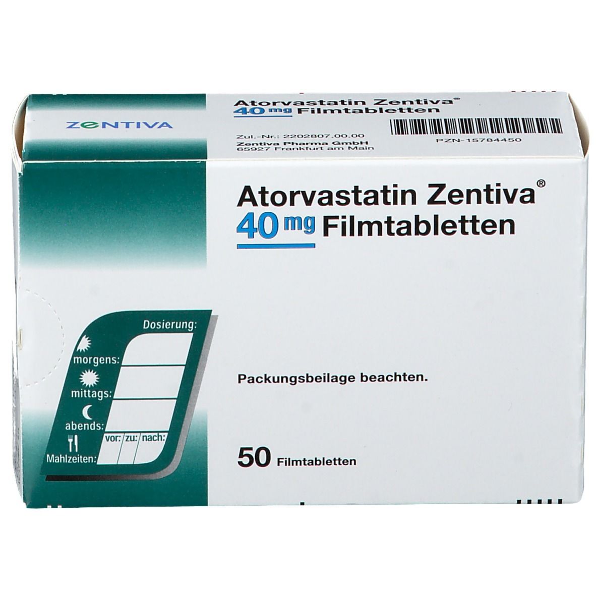 Schachtel mit Atorvastatin Zentiva 40 mg Filmtabletten. Aufschrift: 50 Filmtabletten. Dosierungshinweise und Markenlogo Zentiva.