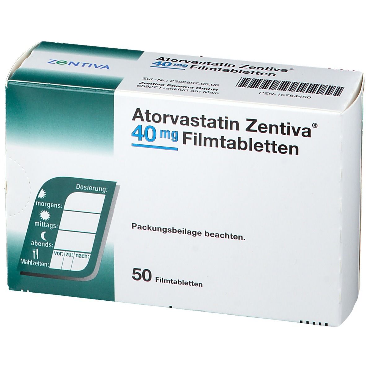 Schachtel mit Atorvastatin Zentiva 40 mg Filmtabletten. Aufschrift: 50 Filmtabletten. Dosierungshinweise und Markenlogo Zentiva.