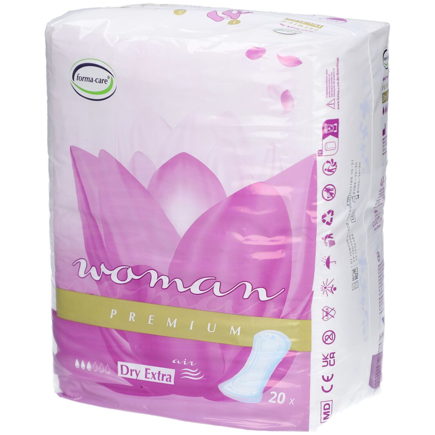 Verpackung mit forma-care Woman Premium Dry extra. Hauptfarbe Weiß und Rosa. Enthält 20 Stück. Logo forma-care.