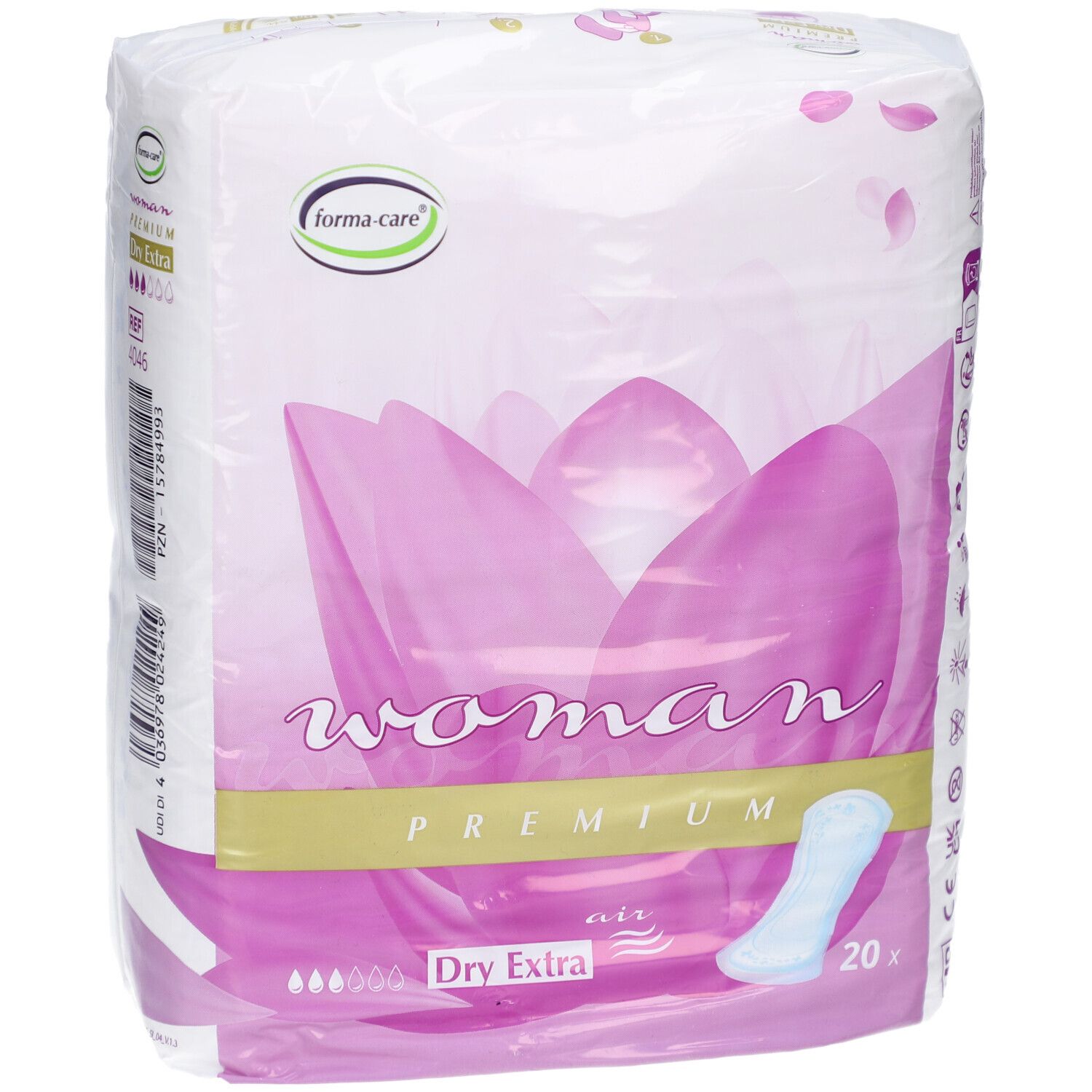 Verpackung forma-care Woman Premium Dry extra. Hauptfarben Weiß und Rosa. Enthält 20 Stück. Logo forma-care.