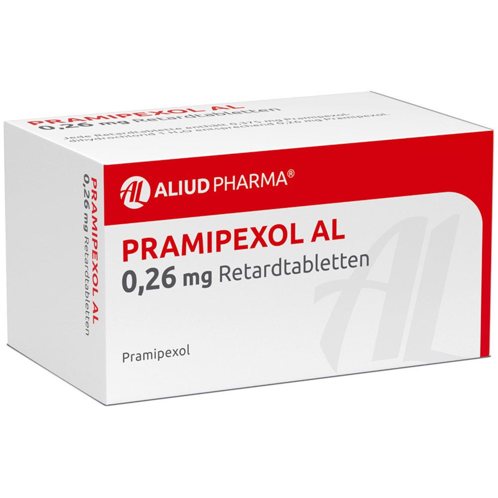Weiße Schachtel mit rotem Streifen. Aufschrift: PRAMIPEXOL AL 0,26 mg Retardtabletten. Logo: ALIUD PHARMA.