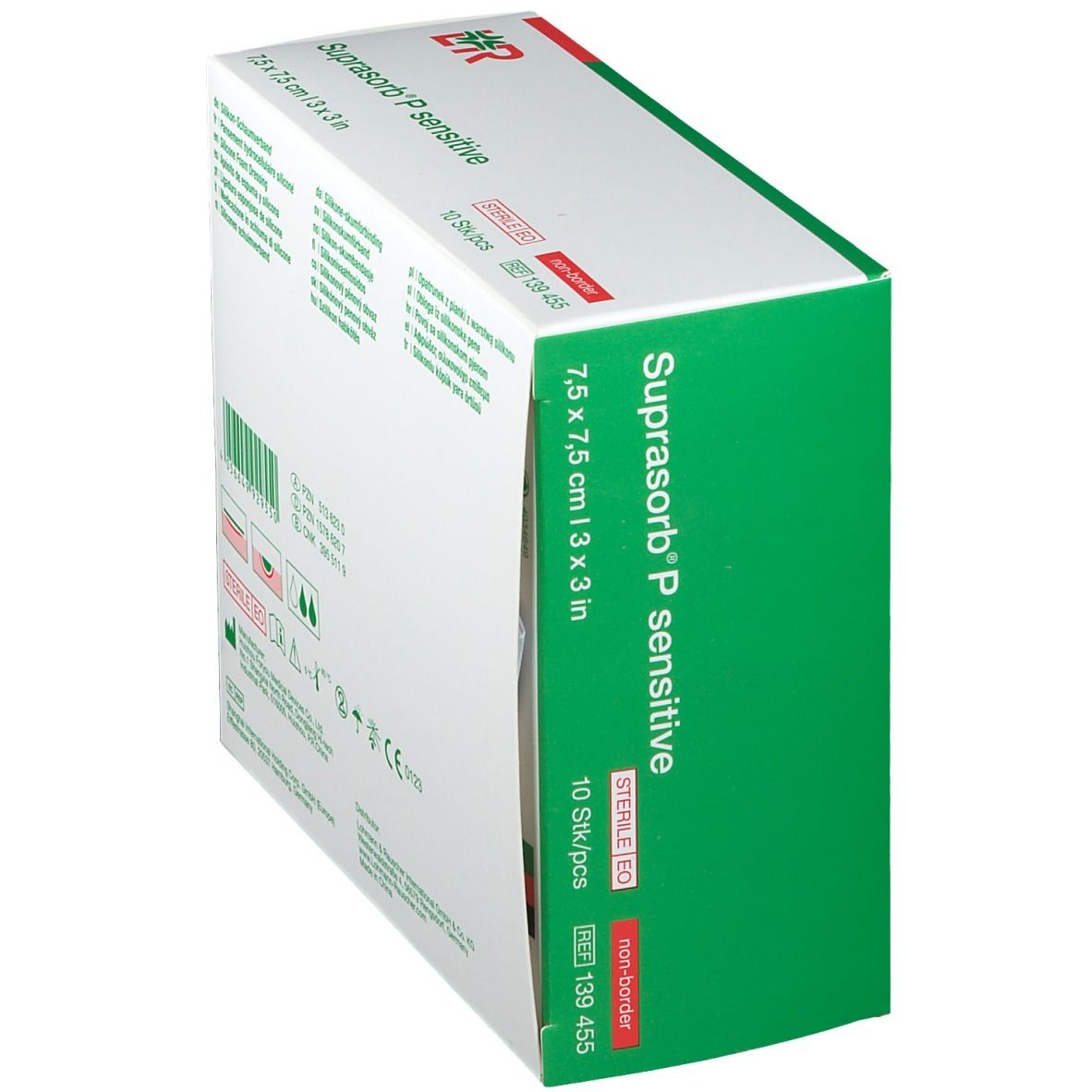 Schräge Ansicht der Verpackung von Suprasorb P sensitive Wundauflage, 7,5x7,5 cm.