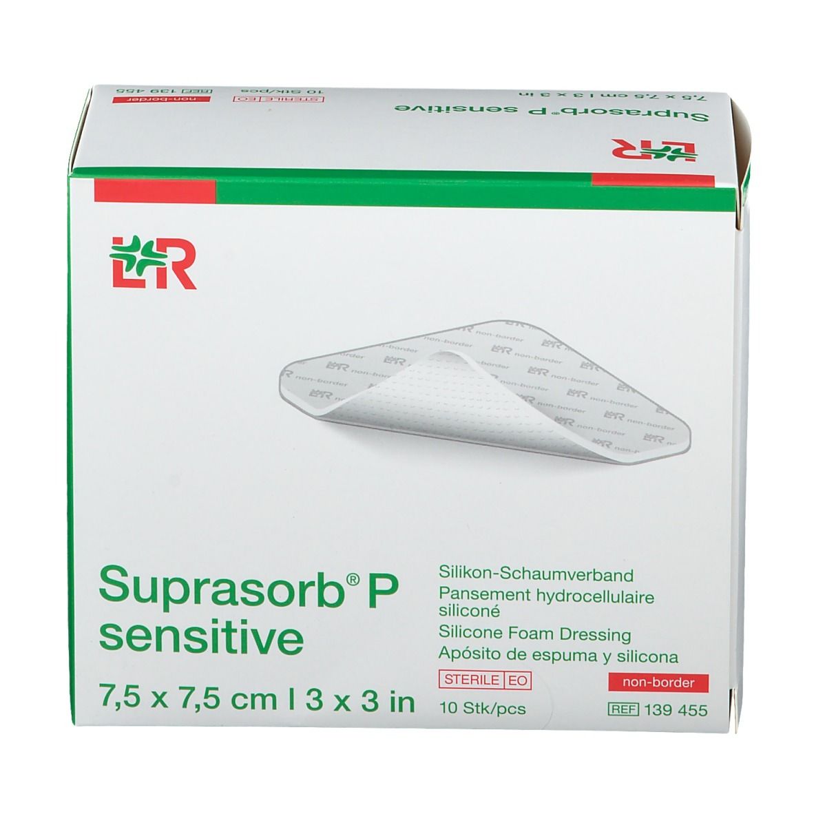 Verpackung von Suprasorb P sensitive Wundauflage, 7,5x7,5 cm, 10 Stück.