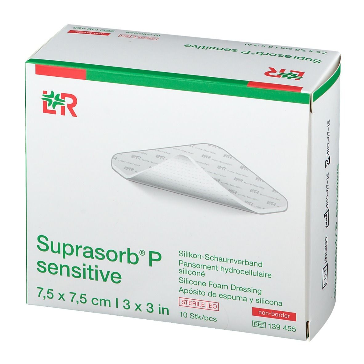 Verpackung von Suprasorb P sensitive Wundauflage, 7,5x7,5 cm, 10 Stück.