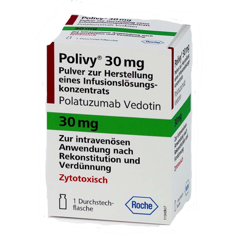 Verpackung von Polivy 30 mg. Aufschrift: Pulver zur Herstellung eines Infusionslösungskonzentrats. Polatuzumab Vedotin. 30 mg. Roche Logo.