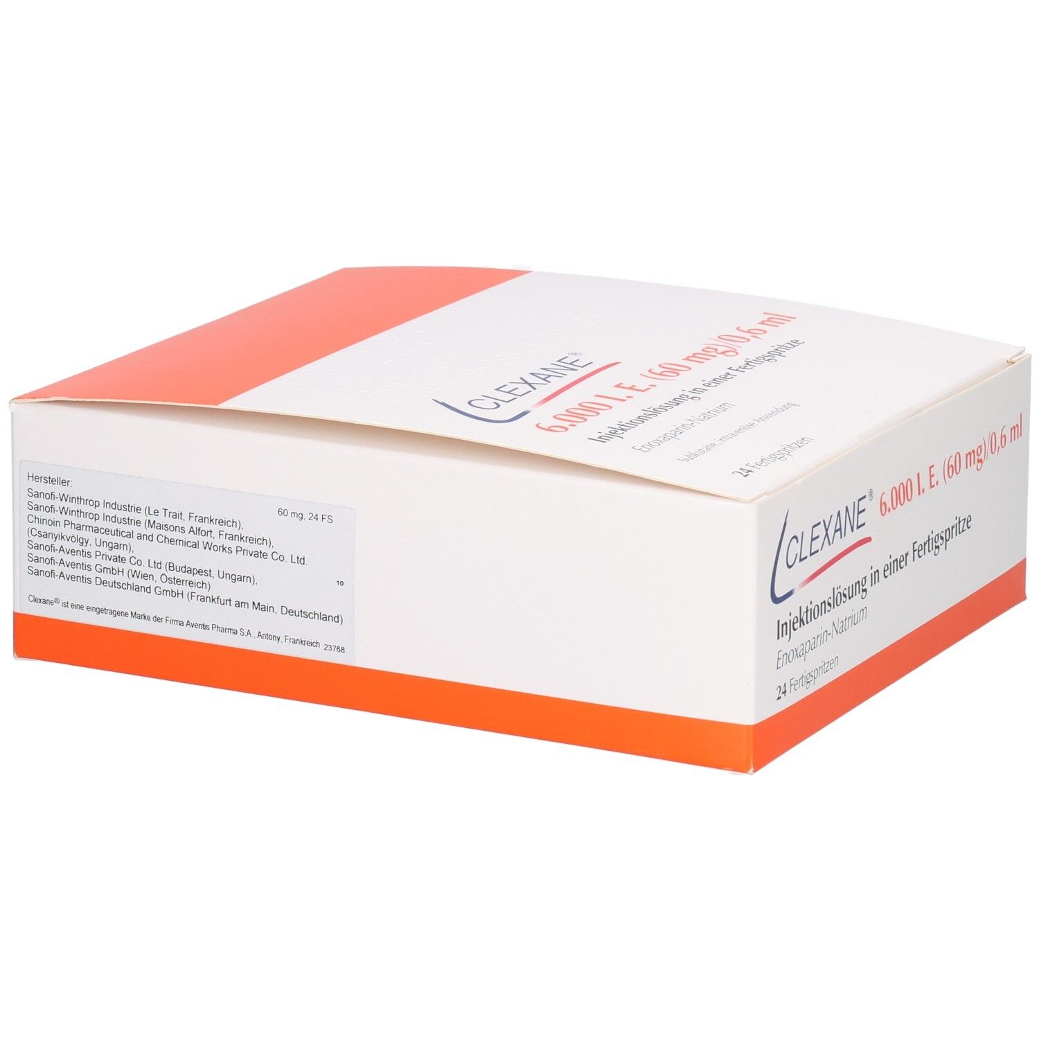 Verpackung von Clexane. Weißer Karton mit orangefarbenen Akzenten. Produktname und Dosierung sind deutlich sichtbar.