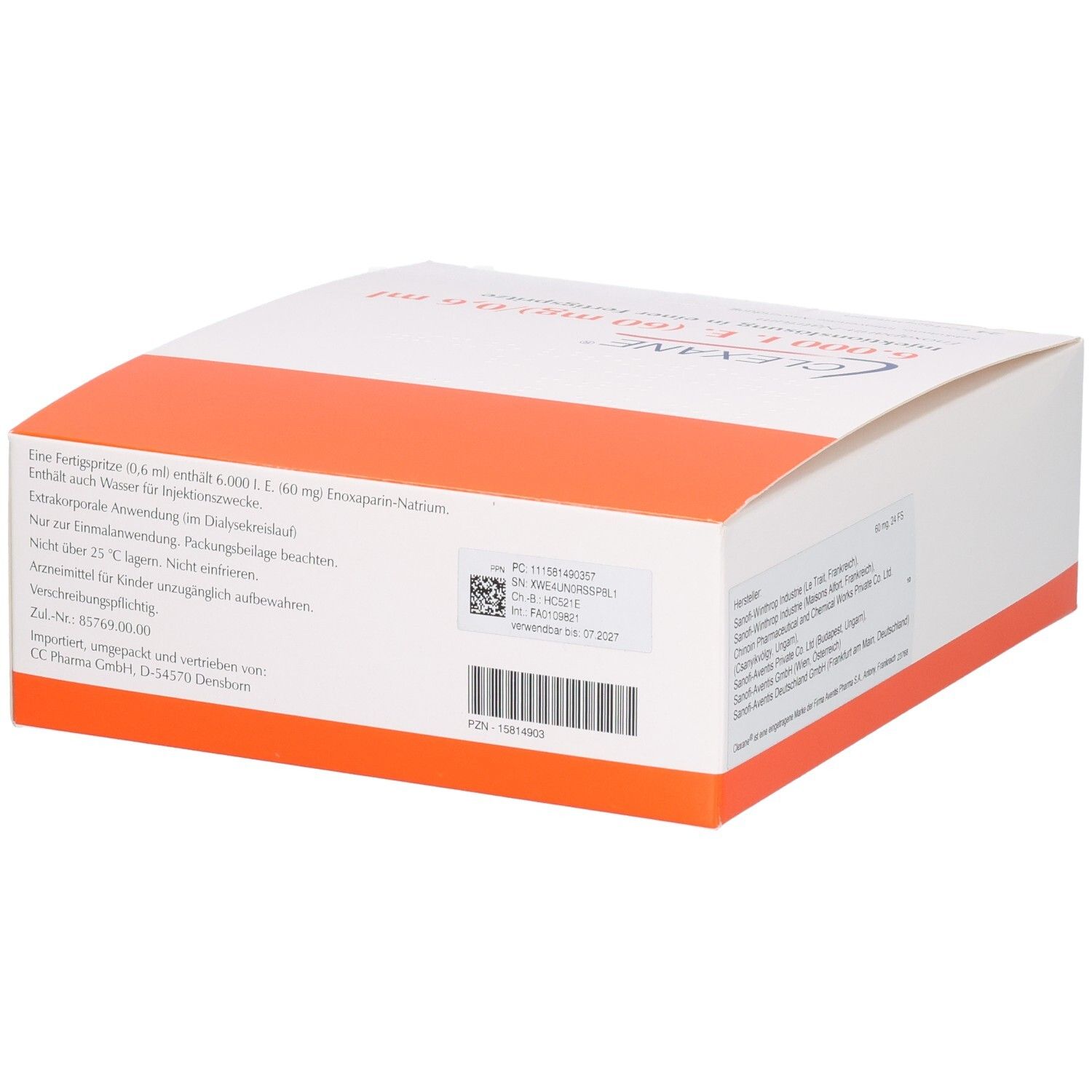 Rückseite der Clexane-Verpackung. Enthält Informationen wie Dosierung, Inhaltsstoffe und Herstellerdetails.