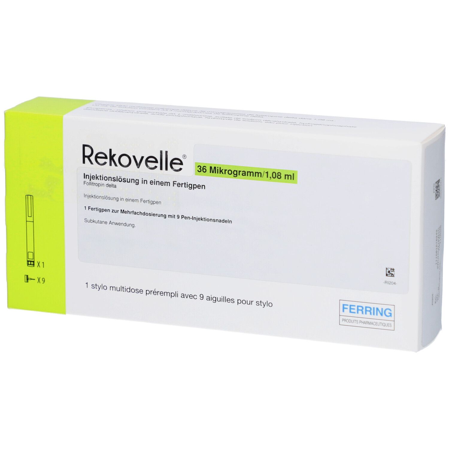 Verpackung von REKOVELLE. Weißer Karton mit grünen Akzenten. Produktname und Dosierung sind sichtbar.