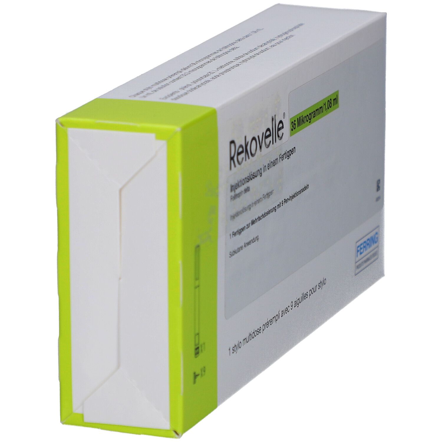 Seitenansicht der REKOVELLE-Verpackung. Weißer Karton mit grünen Akzenten. Produktname und Dosierung.