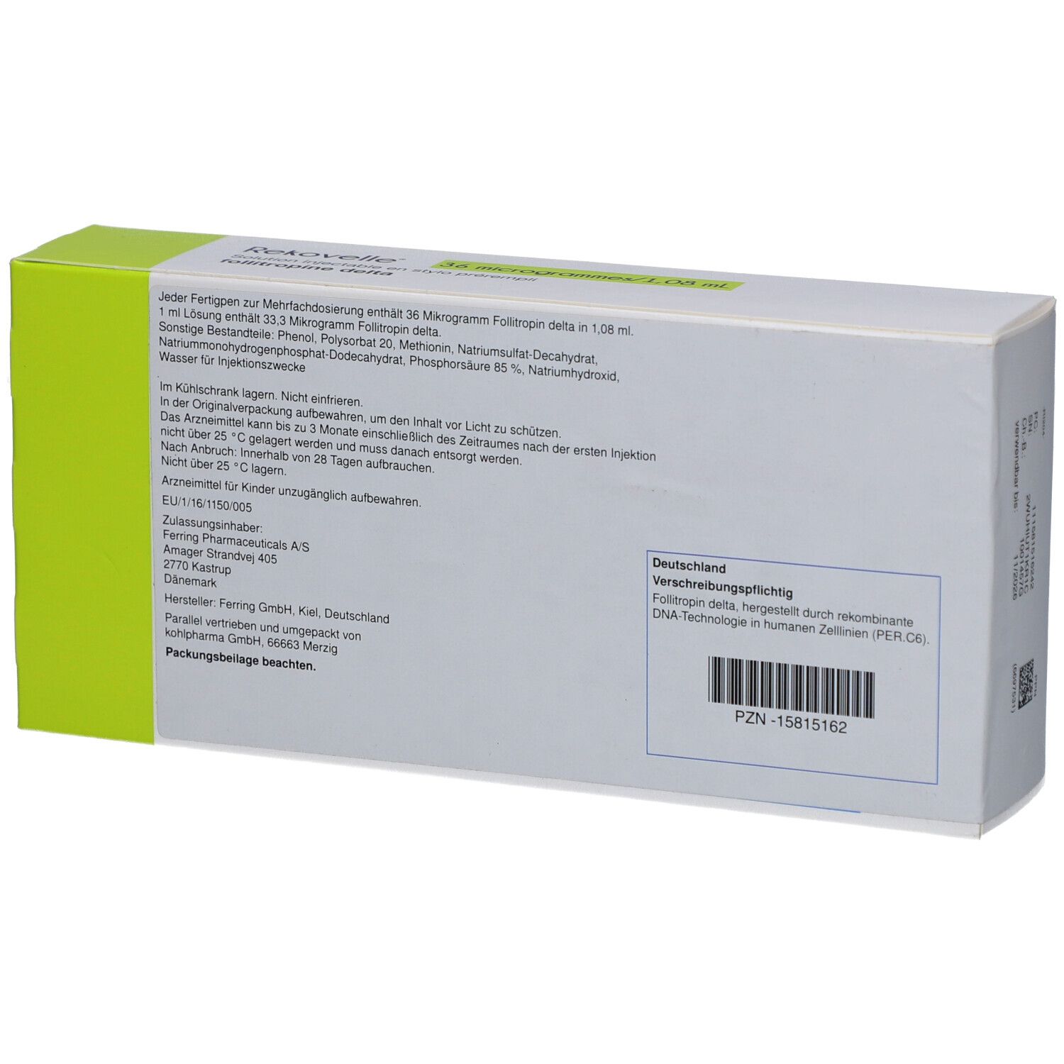 Rückseite der REKOVELLE-Verpackung. Weißer Karton mit Text. Herstellerinformationen und Chargennummer.