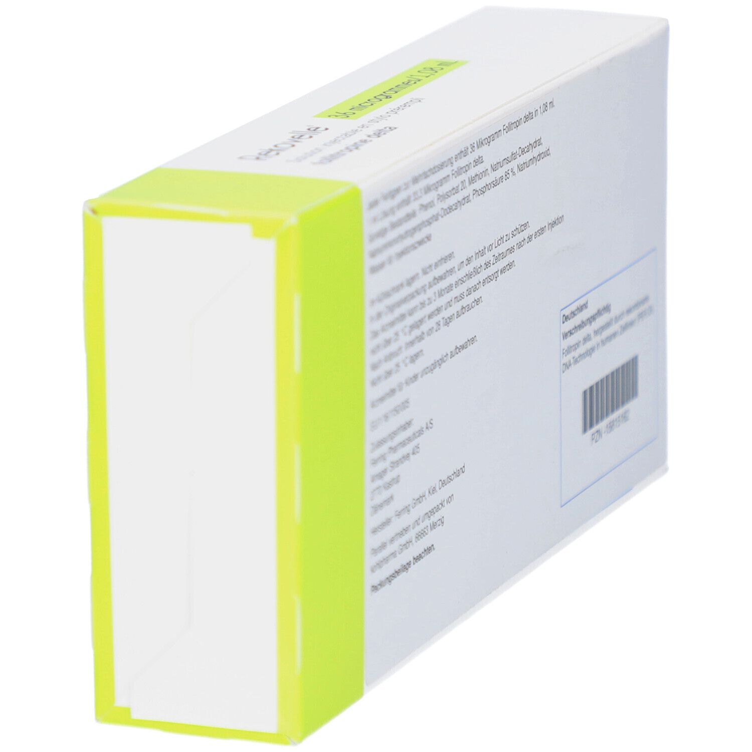 Seitenansicht der REKOVELLE-Verpackung. Weißer Karton mit Text. Herstellerinformationen und Chargennummer.