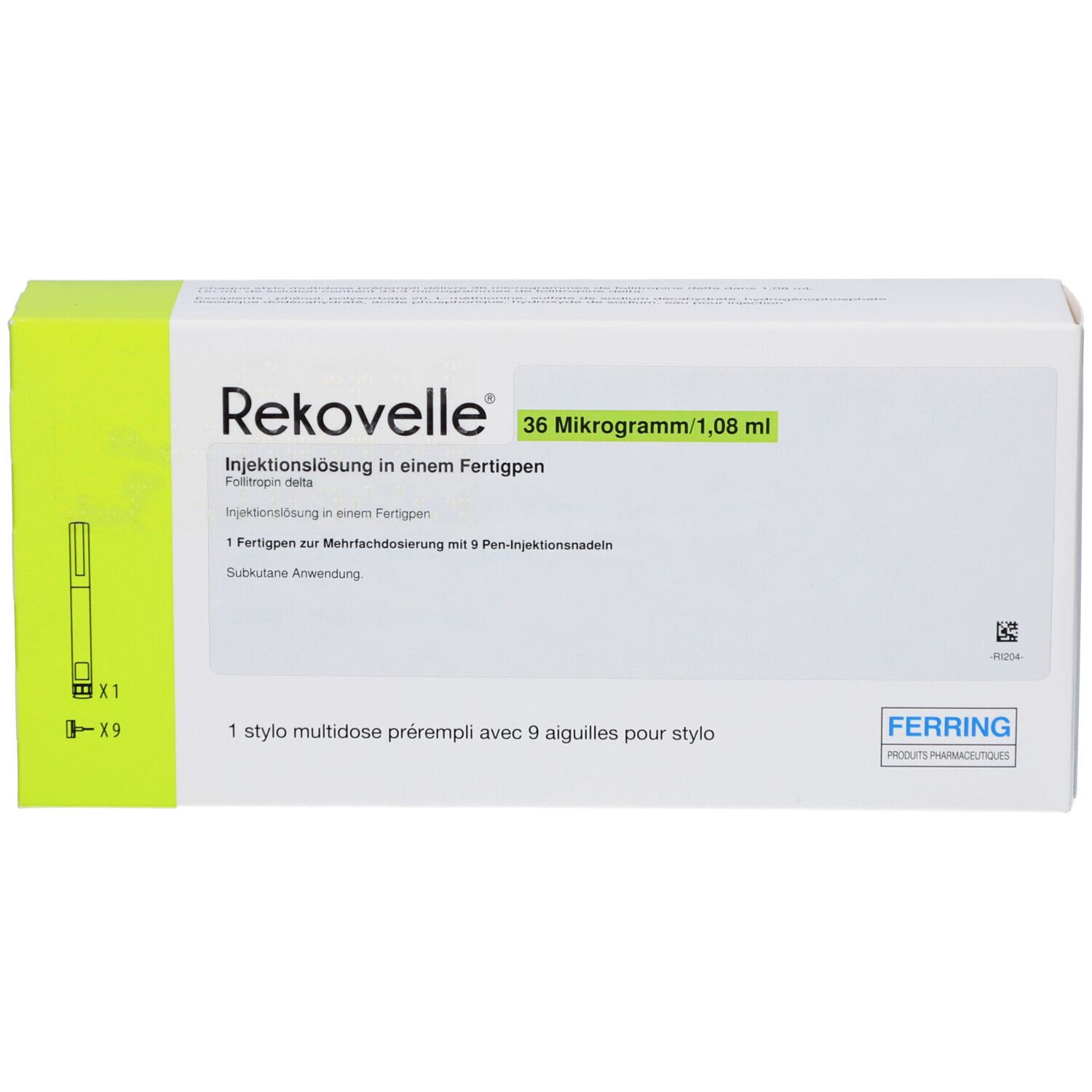 Verpackung von REKOVELLE. Weißer Karton mit grünen Akzenten. Produktname und Dosierung sind sichtbar.