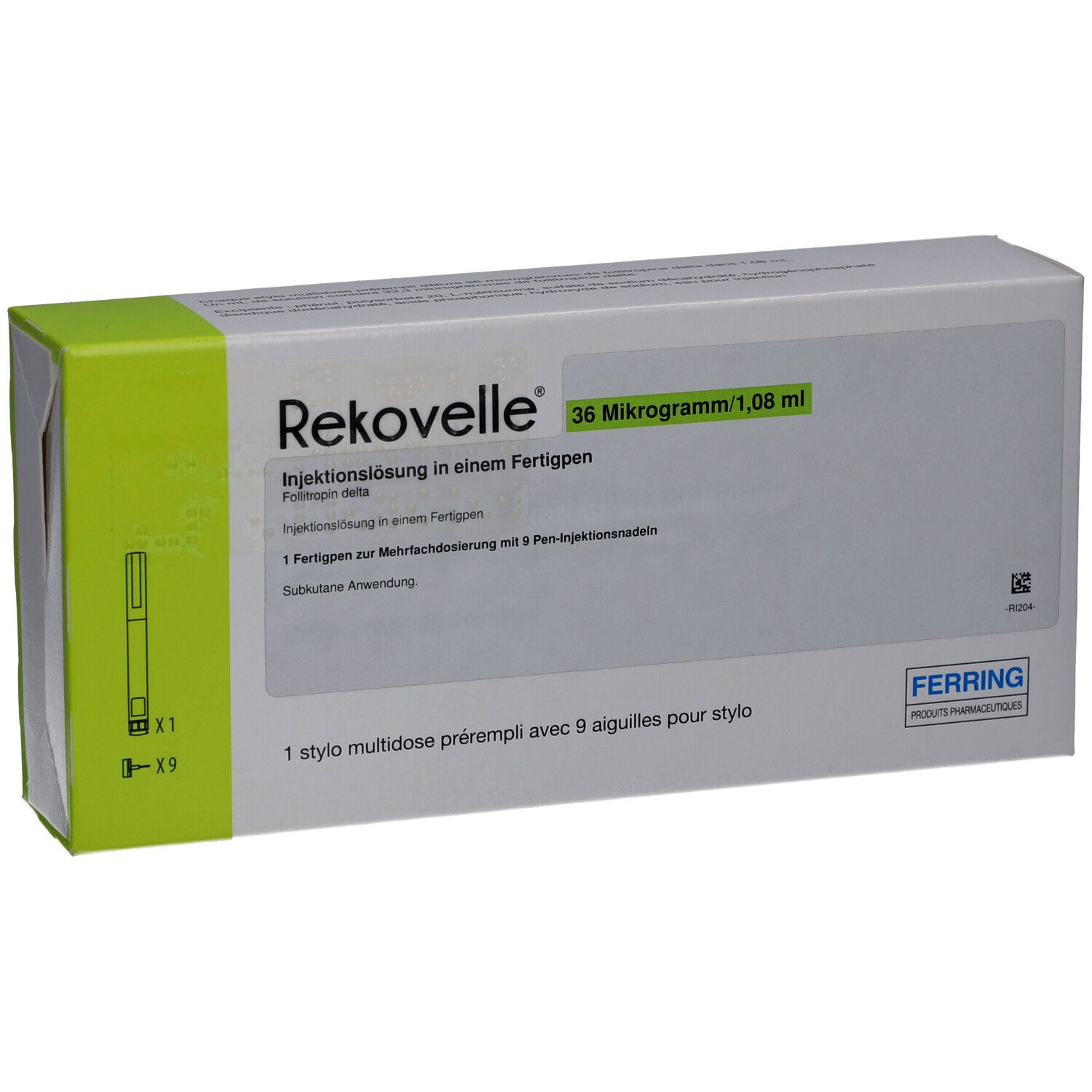 Verpackung von REKOVELLE. Weißer Karton mit grünen Akzenten. Produktname und Dosierung sind sichtbar.