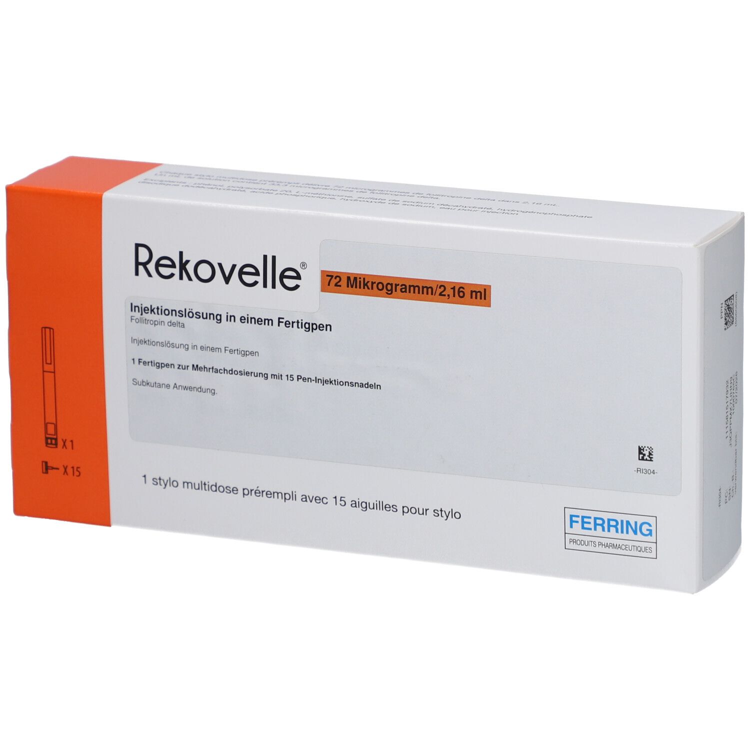 Verpackung von Rekovelle. Enthält 72 Mikrogramm/2,16 ml. Mit Fertigpen und 15 Pen-Injektionsnadeln. Orange-weiße Schachtel.