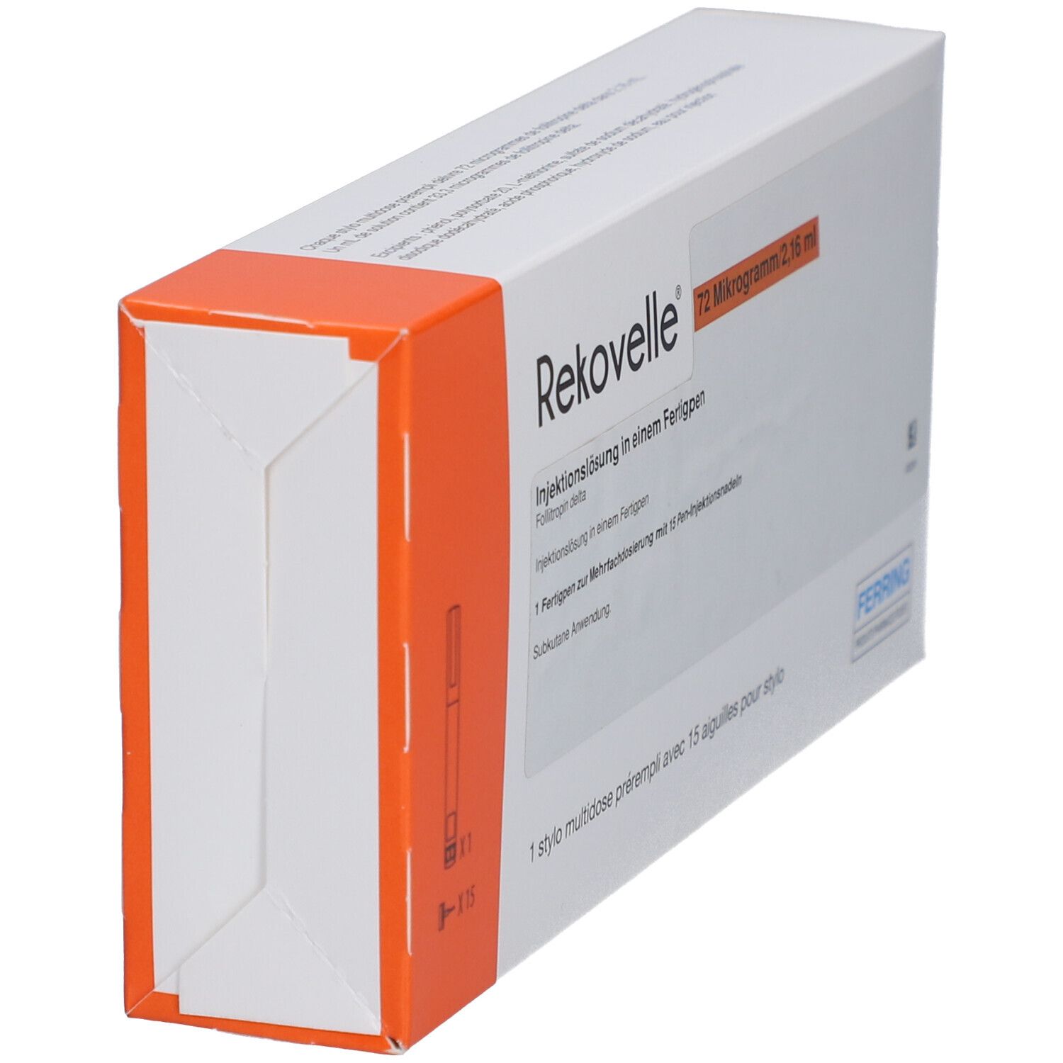 Rekovelle-Verpackung, orange-weiß. Enthält 72 Mikrogramm/2,16 ml. Mit Fertigpen und 15 Pen-Injektionsnadeln. Seitenansicht.