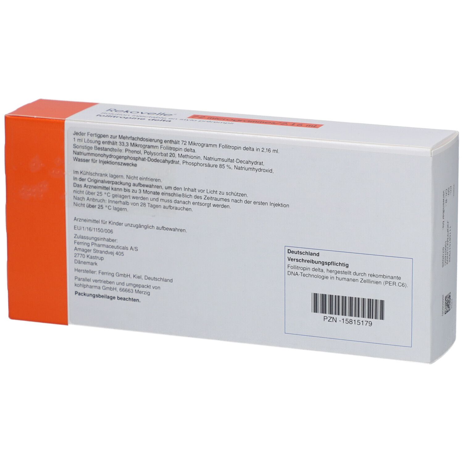Rückseite der Rekovelle-Verpackung. Textinformationen, Herstellerangaben, PZN-Nummer und Barcode. Orange-weiße Schachtel.