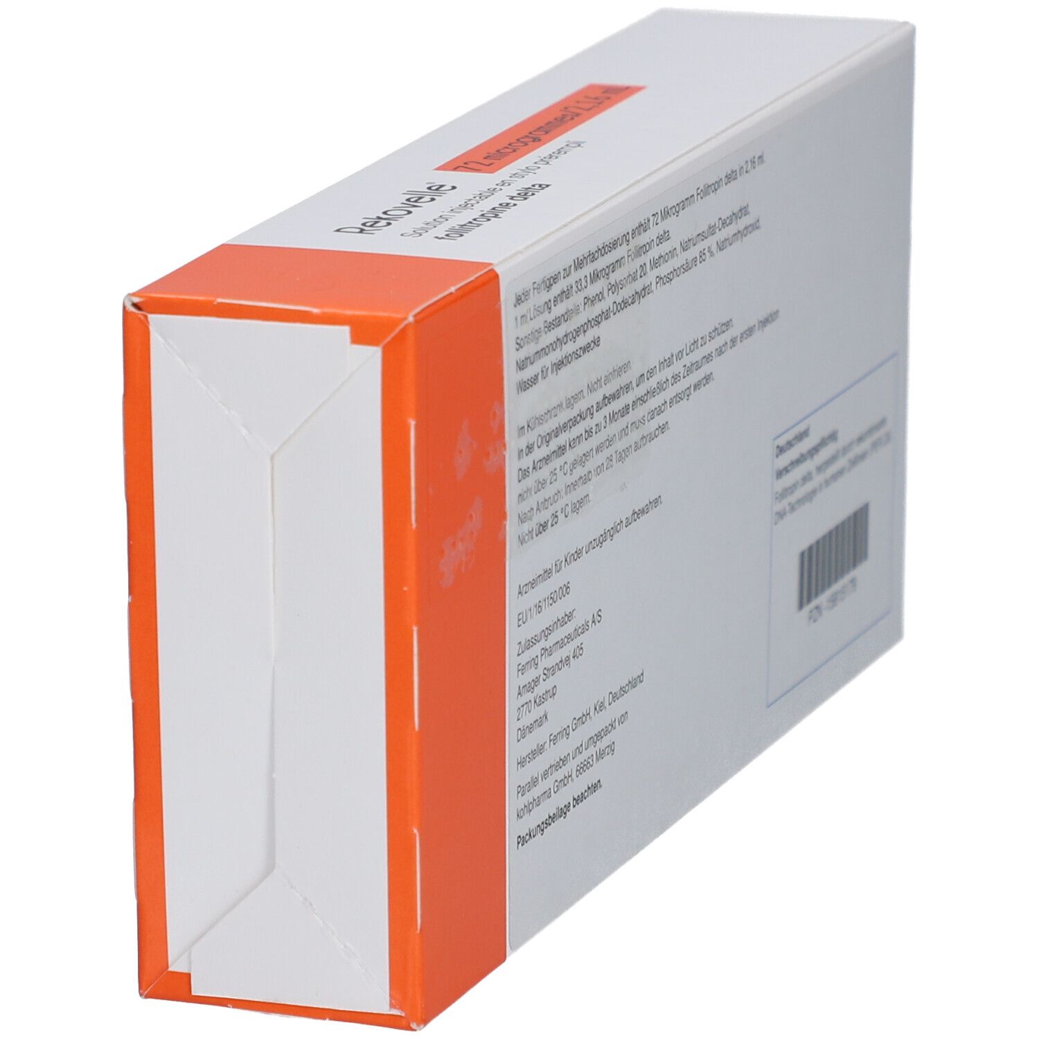 Rekovelle-Verpackung, Seitenansicht. Textinformationen, Herstellerangaben. Orange-weiße Schachtel. Enthält 72 Mikrogramm/2,16 ml.