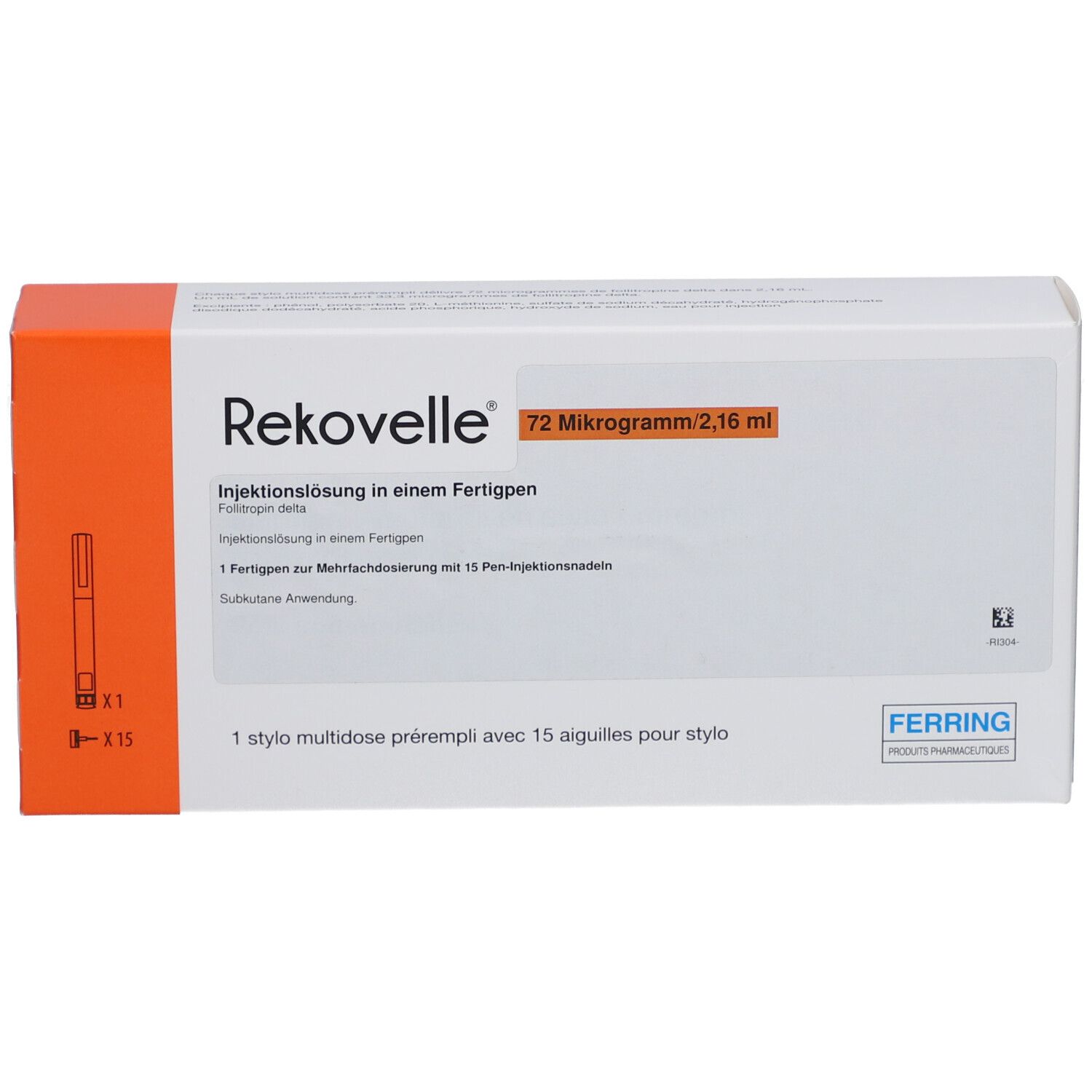 Rekovelle-Verpackung. Enthält 72 Mikrogramm/2,16 ml. Mit Fertigpen und 15 Pen-Injektionsnadeln. Orange-weiße Schachtel.