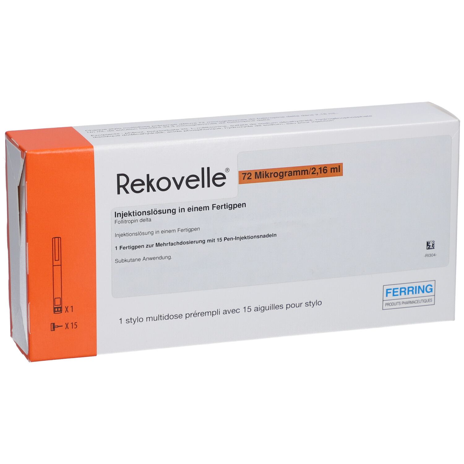 Rekovelle-Verpackung. Enthält 72 Mikrogramm/2,16 ml. Mit Fertigpen und 15 Pen-Injektionsnadeln. Orange-weiße Schachtel.