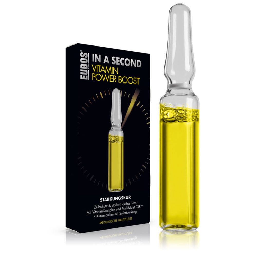 EUBOS® IN A SECOND Vitamin Power Boost. Ampulle mit gelber Flüssigkeit und Verpackung. Aufschrift: Stärkungskur.