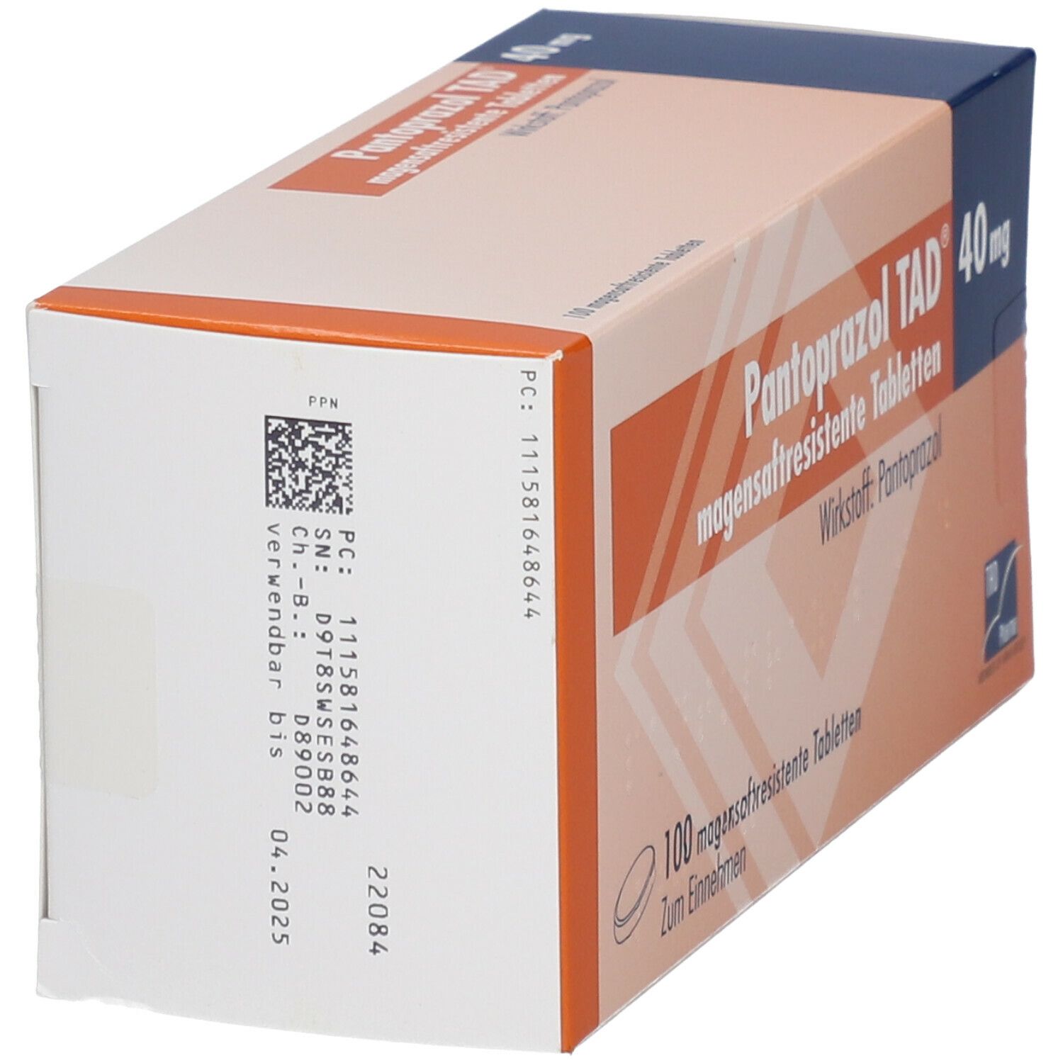 Schachtel von Pantoprazol TAD 40 mg. Seitenansicht mit Produktinformationen, Chargennummer und Verfallsdatum 04.2025.