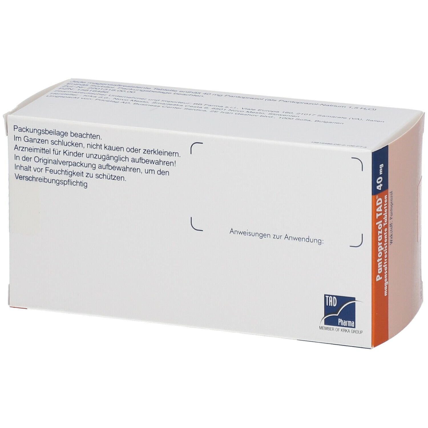 Rückseite der Pantoprazol TAD 40 mg Schachtel. Enthält Anwendungshinweise und Warnhinweise. Weiß mit orangefarbenen Akzenten.